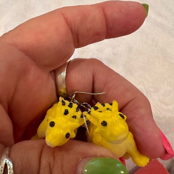 Earrings Pierced Dinosaur Silver Dangly Exaggerated Handmade Costume Jewelry - Picture 4 of 8